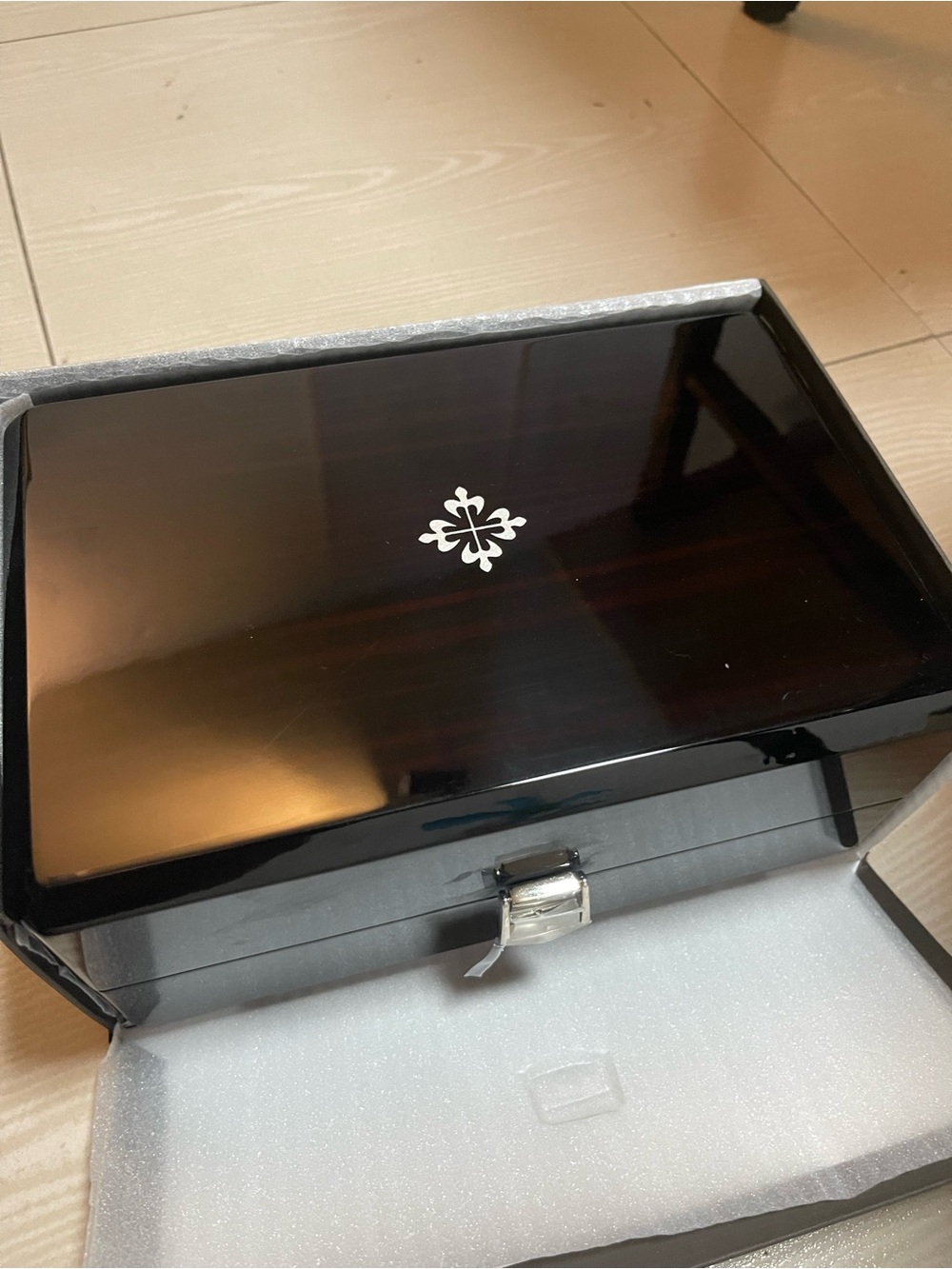 Patek Philippe Black Lacquer Watch Presentation Box with Silver Emblem